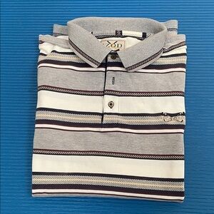 IZod Men's Golf Polo Shirt - Gray, Navy, Maroon and Cream Stripes